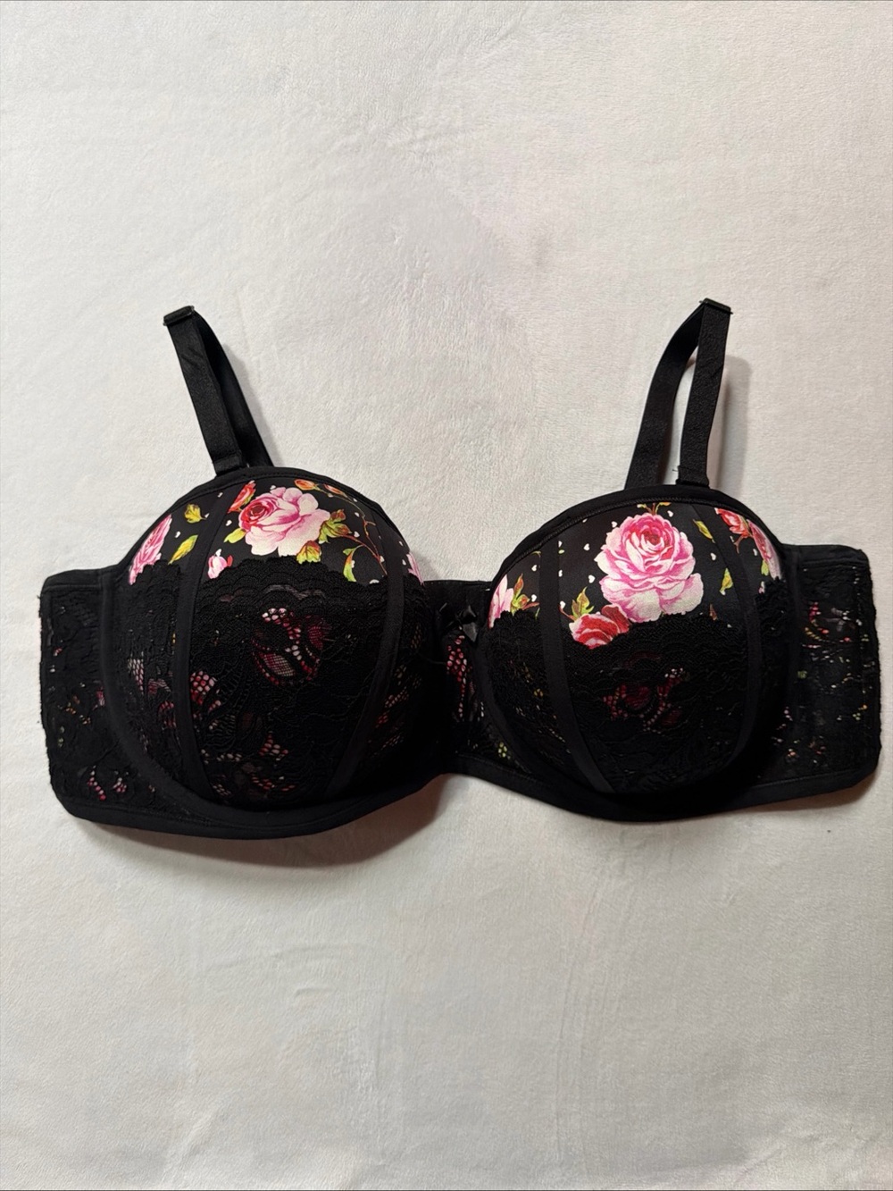 torrid Black Lace Balconette Bra with Pink Rose Print